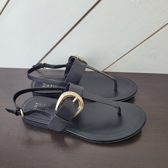 NEW Naturalizer Taylor Flat Sandals Black Leather 8W Ankle Strap - Picture 2 of 7